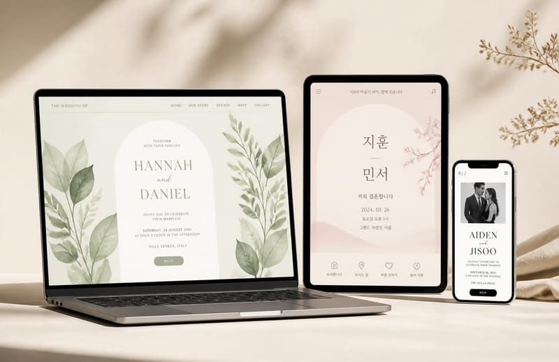 Undangan digital Simfoni Cinta ditampilkan pada laptop, tablet, dan smartphone dengan tema berbeda